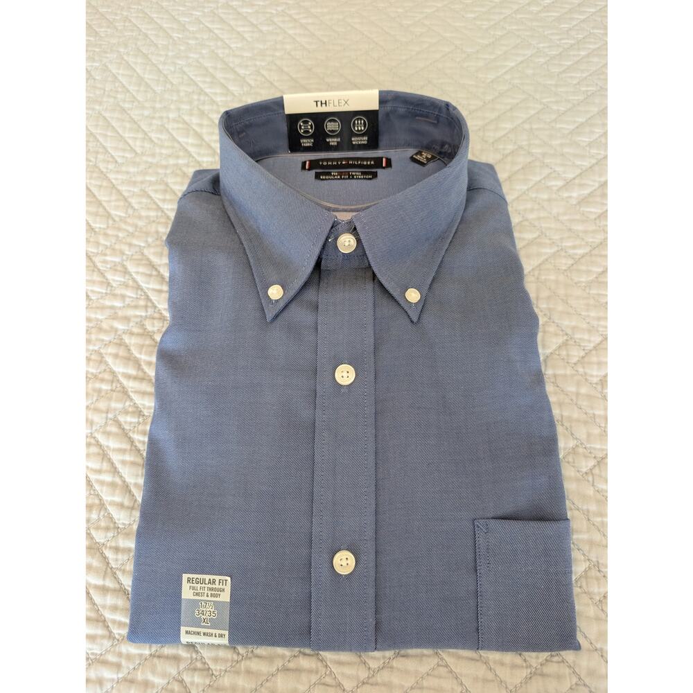 Tommy Hilfiger Dress Shirt Men's Size 17.5 34/35 Blue Regular Fit Flex Twill